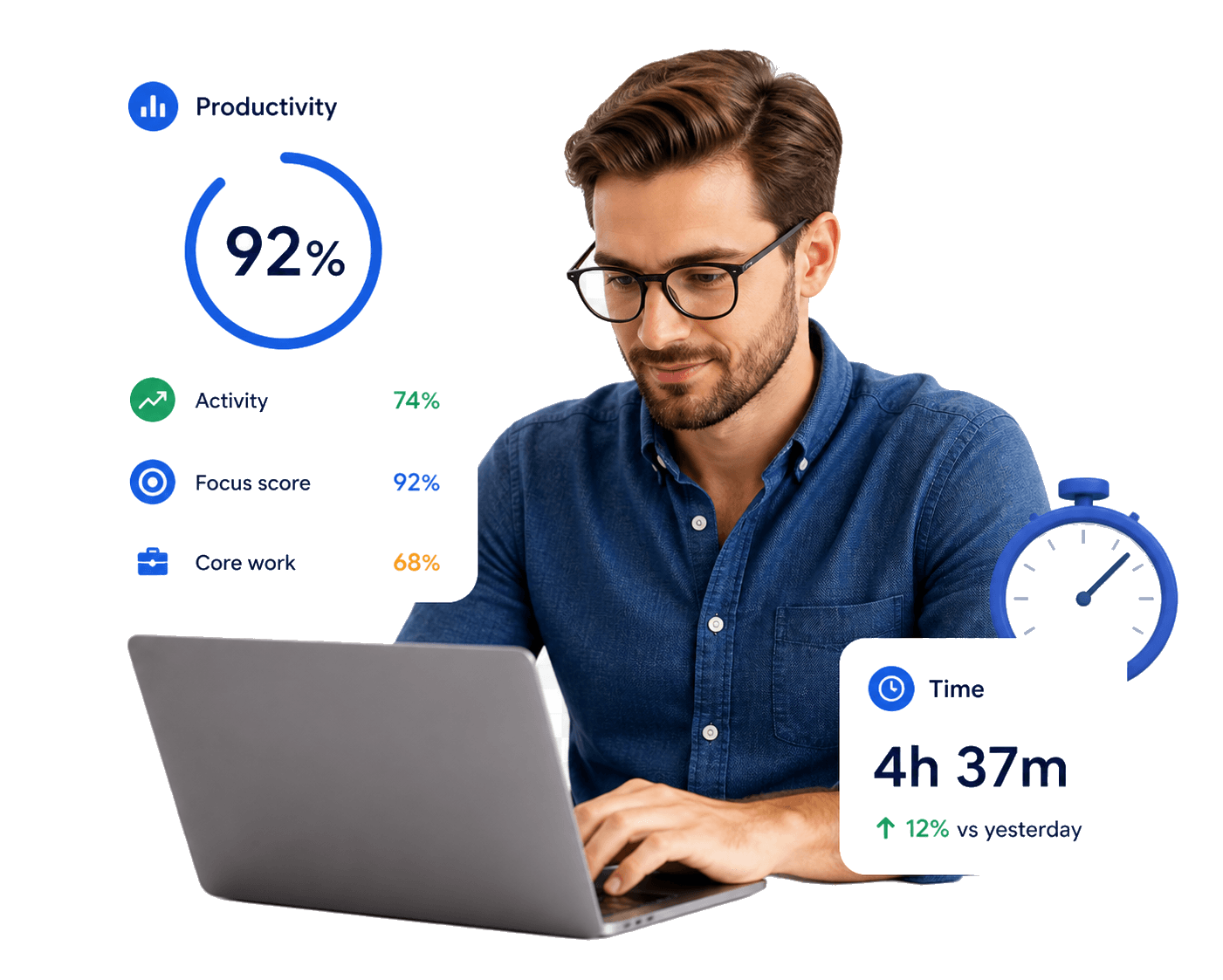 Professional reviewing productivity monitoring charts with a clock nearby