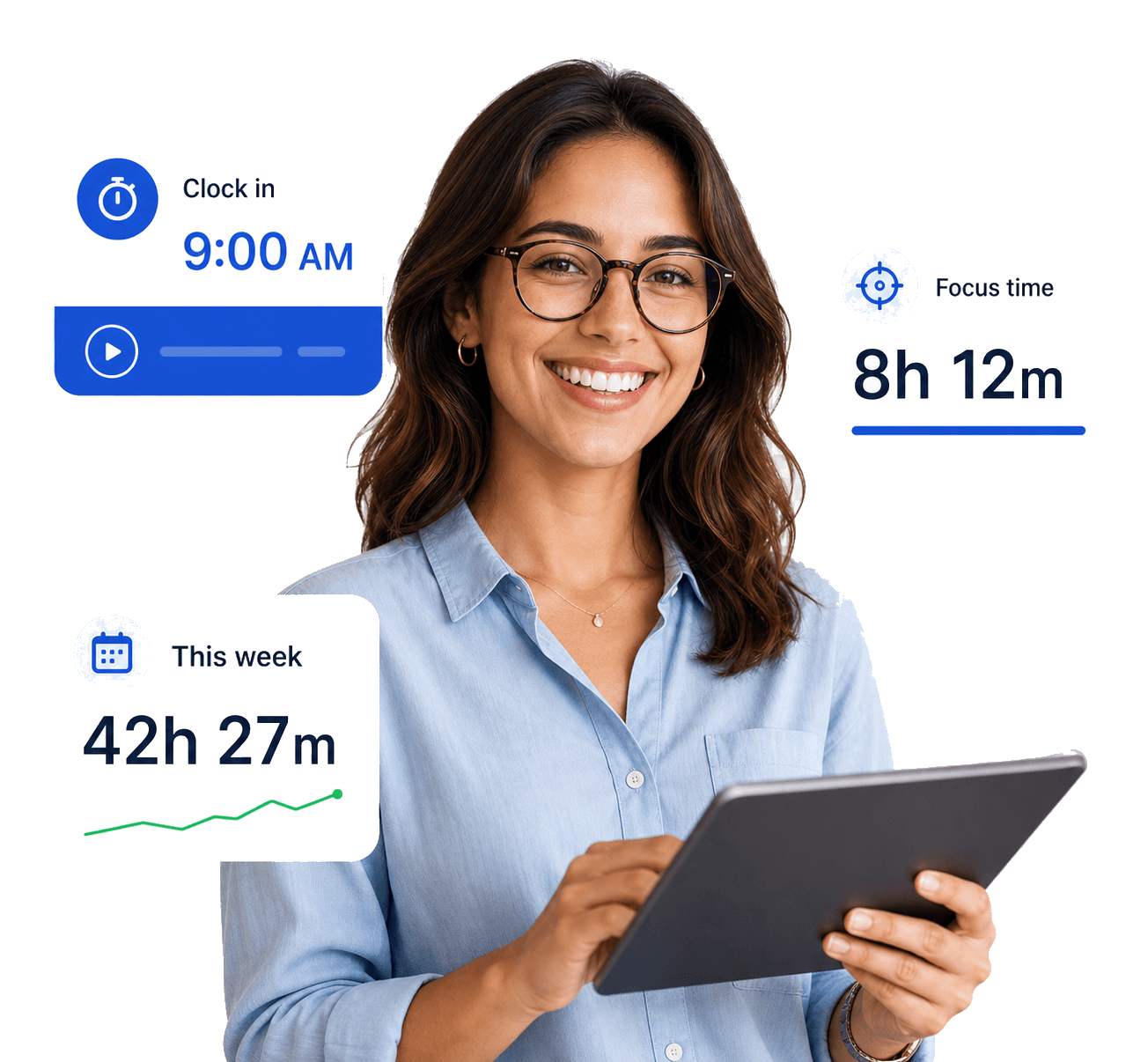 Happy professional using FocusTrack time tracking on a laptop